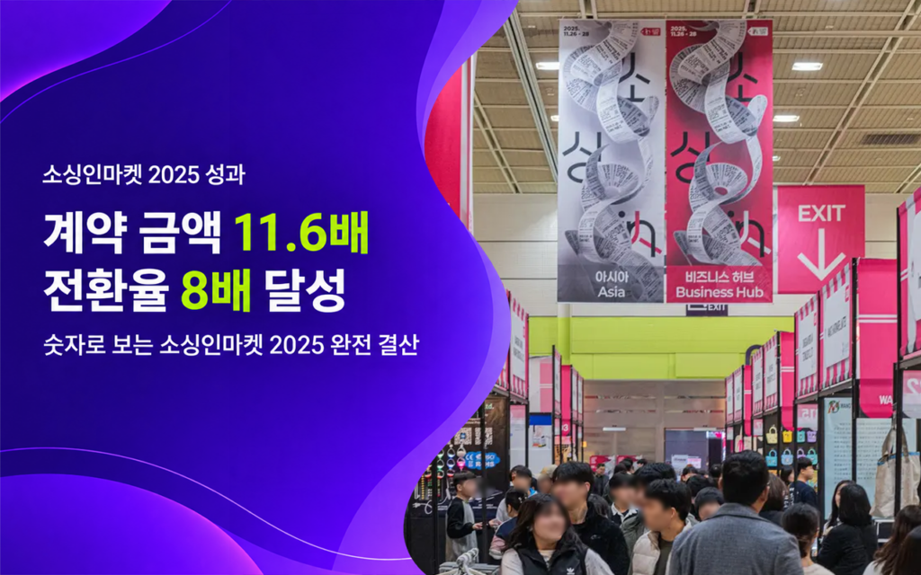 보라색 그래픽 배경과 소싱인마켓 전시장 현장 사진을 배치하고, 계약 금액 11.6배·전환율 8배 달성이라는 소싱인마켓 2025 주요 성과를 소개하는 이미지